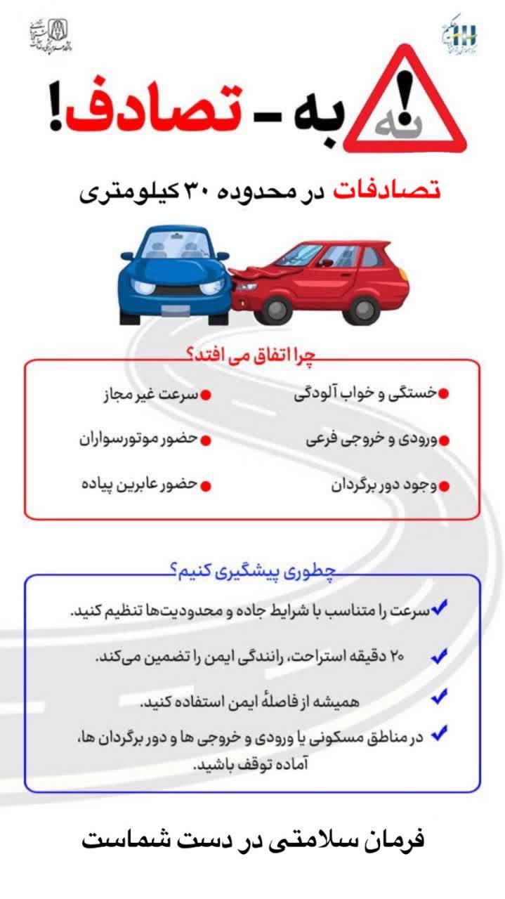 ⁉️تصادفات در محدوده ۳۰ کیلومتری چرا اتفاق می افتد؟  🤝با به اشتراک گذاشتن این پست به پویش #نه_به_تصادف بپیوندید.