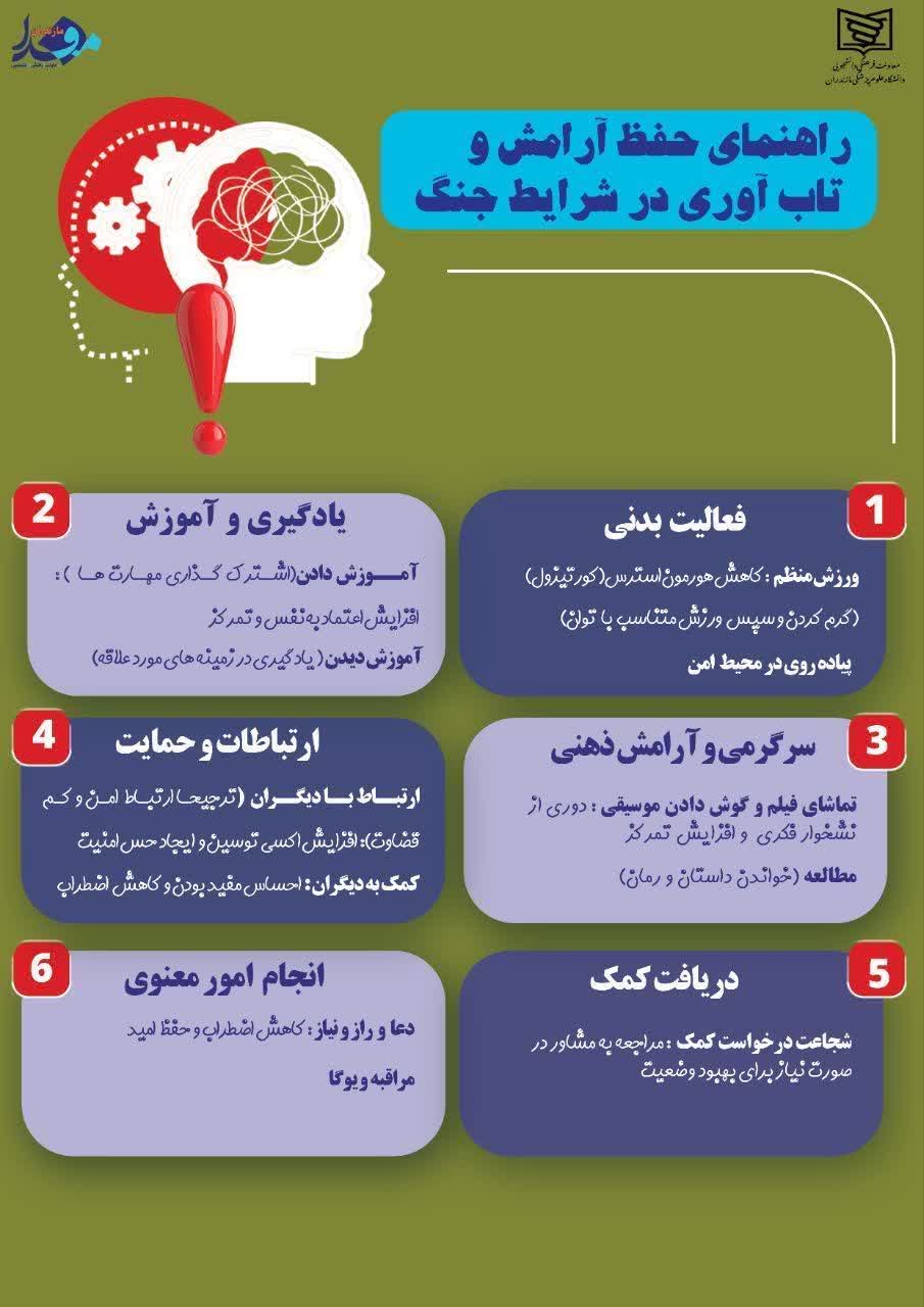 🔻#اینفوگرافی/ راهنمای حفظ آرامش و تاب‌آوری در شرایط جنگ  #آموزش_شهروندی