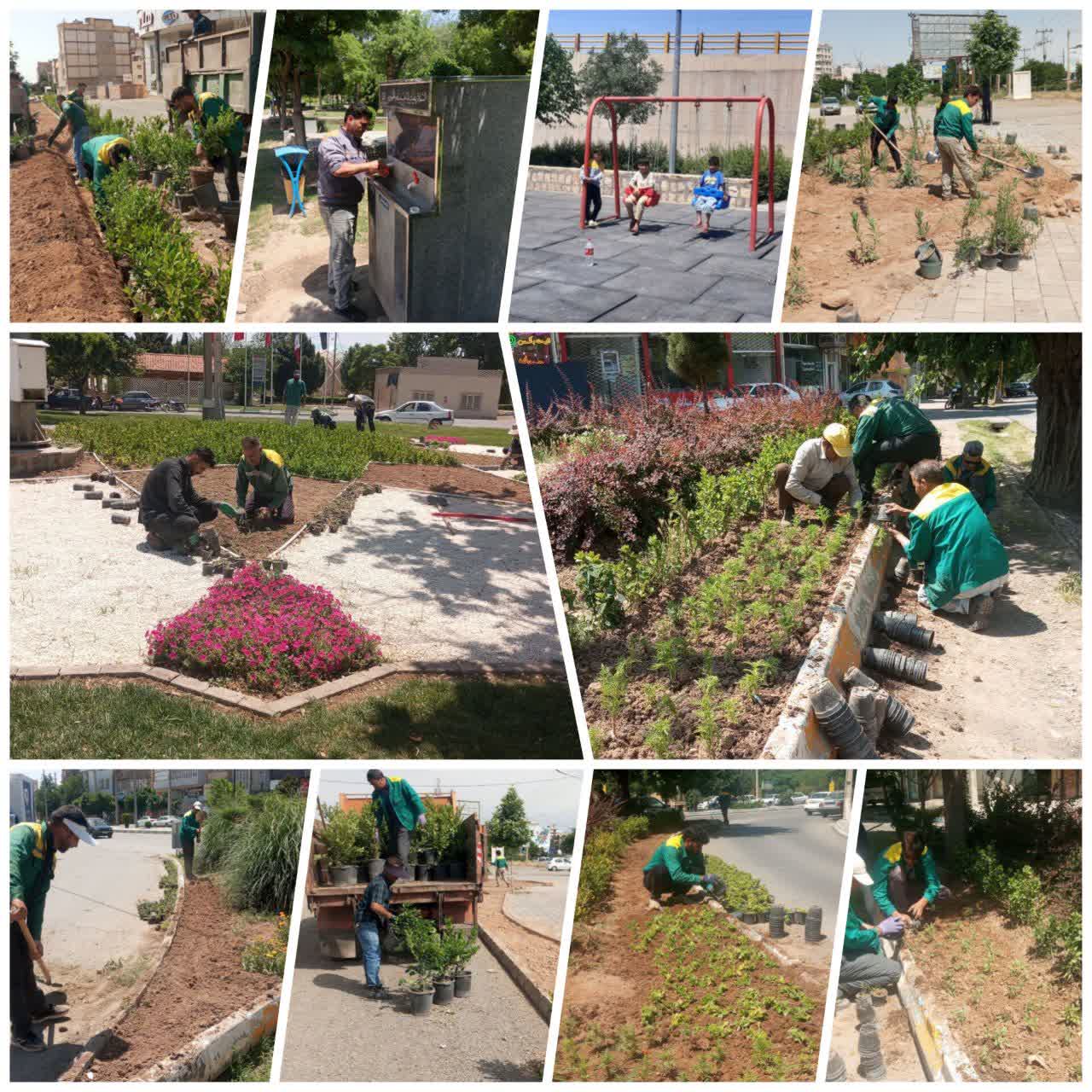 گوشه ای از اقدامات روزانه سبزبانان شهرداری نیشابور  🌱کاشت بیش از ۵ هزار بوته گل و درختچه در میدان صادقی، باغچه‌های عطار، حاشیه اتوبان شهدای منا، محوطه شهرداری و چهارراه وکیلی.  🌱 راه اندازی مجدد آبسردکن باغ ملی و تعمیر تاب‌های بازی در پارک پردیس و باغ ملی توسط واحد تاسیسات سازمان سیما، منظر و فضای سبز شهری
